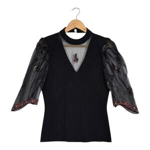 VTG Sweater 10 Black Knit Sheer Chiffon Embroider Butterfly Sleeve Choker Neck